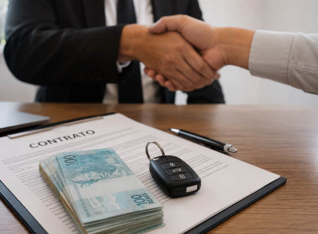 Aperto de mão fechando negócio, com contrato, dinheiro e a chave do veículo